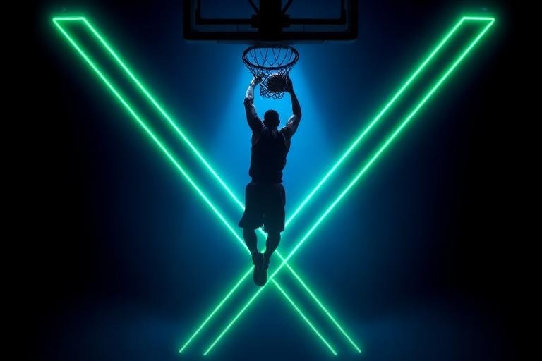 Jogador de basquete enterrando em arte neon